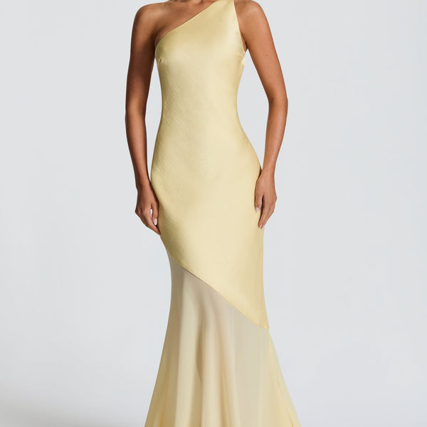 Vestido largo asimétrico amarillo pastel