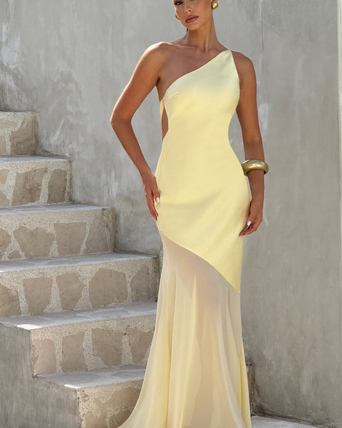 Vestido largo asimétrico amarillo pastel