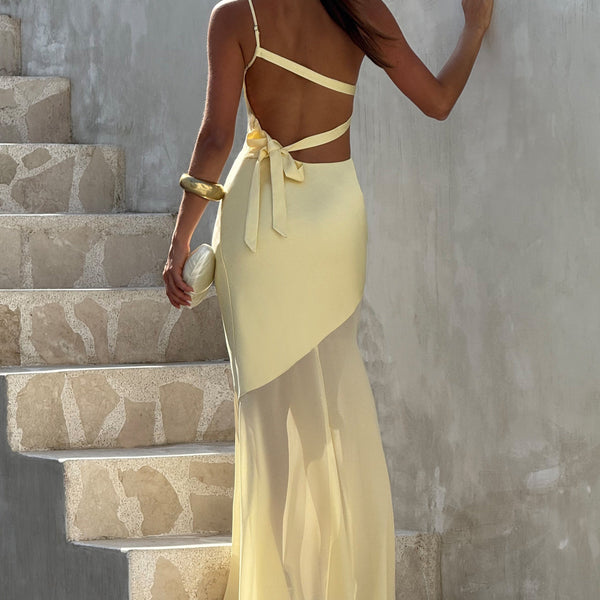 Vestido largo asimétrico amarillo pastel