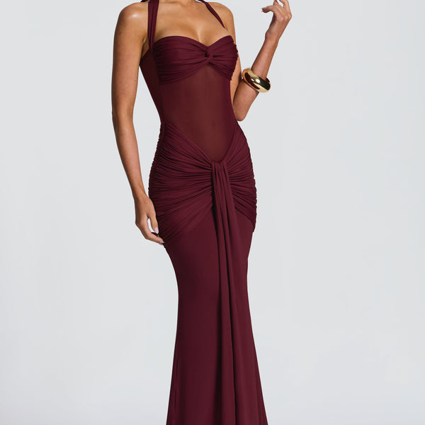 Vestido largo burdeos con espalda descubierta y drapeado